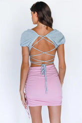 Blue & White Knit V-Neck Crop Top with Balloon Sleeves and Lace-Up Back